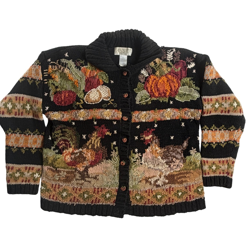 Vintage Casual Corner Annex Harvest Rooster Pumpkin Cardigan Petite Large